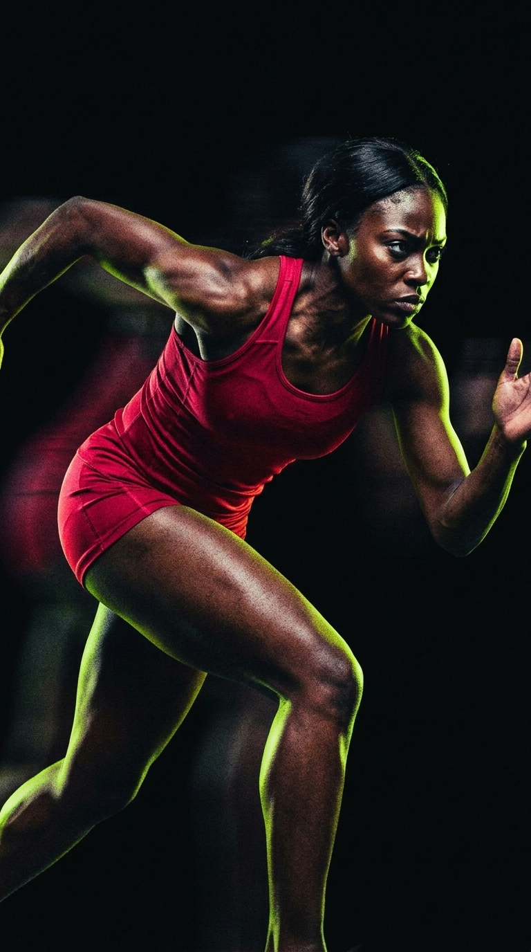 Athlete driving laterally under green track lighting