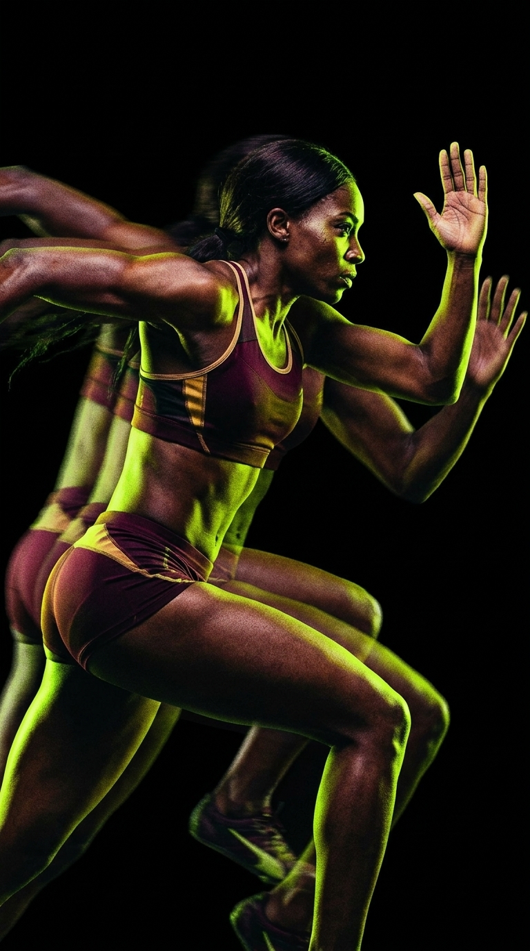 Athlete driving forward with motion-trail arms