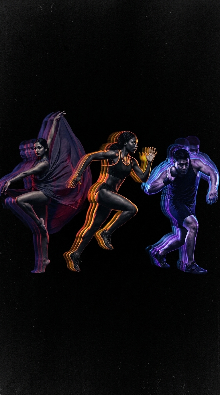 Three athletes captured in layered motion against a black background